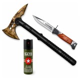 Cumpara ieftin Set topor SurvivormBriceag Automat din Oțel 440C si Spray Autoapărare NATO 39 cm/60 ml/22 cm, husa inclusa