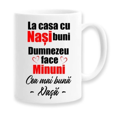 Cana alba personalizata &amp;quot;La casa cu Nasi buni, Dumnezeu face minuni&amp;quot;, INOVATIX&amp;reg;. 330ml foto
