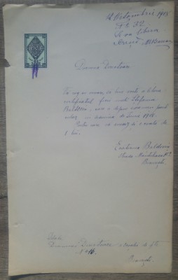 Cerere eliberare certificat absolvire/ Scoala de Fete Bucuresti 1908 foto
