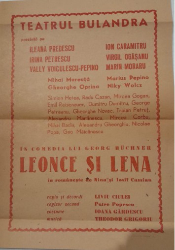 1970 Afis / flyer teatru LIVIU CIULEI regie &rdquo;Leonce si Lena&rdquo; BULANDRA / 25 x 17
