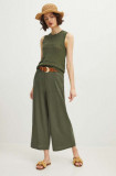 Medicine pantaloni din in femei, culoarea verde, fason culottes, high waist