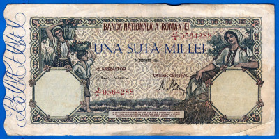 (79) BANCNOTA ROMANIA - 100.000 LEI 1946 (20 DECEMBRIE 1946), FILIGRAN ORIZONTAL foto