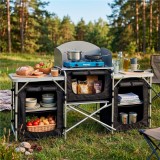 Bucatarie de camping pliabila cu 3 blaturi MDF si compartimente, 175x45x110 cm