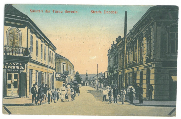 2524 - TURNU-SEVERIN, Bank, street stores, Romania - old postcard - used - 1908