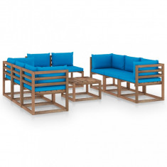 Set mobilier de grădină cu perne albastru deschis, 9 piese