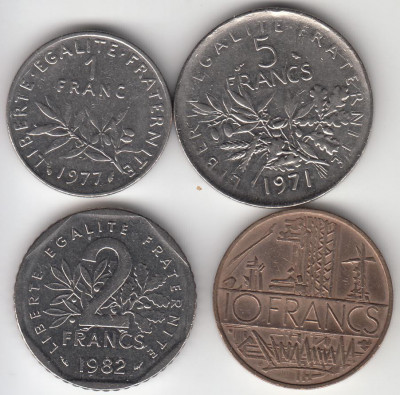 FRANTA - SET 1 Franc 1977+ 2 Francs 1982 +5 Francs 1971 +10 Francs 1977 , LF1.27 foto