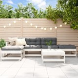 Set mobilier gradina Gossi, 6 piese, lemn masiv pin, alb, canapea colt, 2 canapele mijloc, 3 taburete/masute