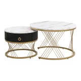 Set de 2 Măsuțe de Cafea Moderne Modulare din Marmură Sintetică cu Detalii Aurii și Sertare, Dimensiuni 70x70x45 cm și 50x50x40 cm, Alb