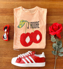 Tricou dama bumbac fin 100% roz piersica cu imprimeu ADORE foto