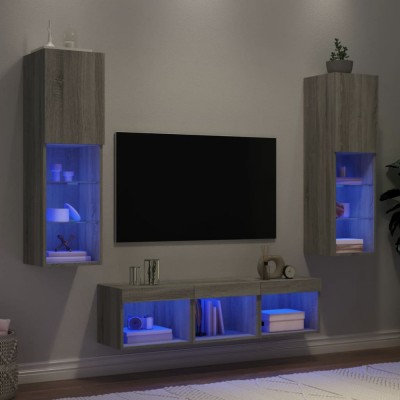 vidaXL Unități de perete TV cu LED-uri, 5 piese, gri sonoma, lemn foto