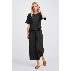 Women's Linen Look Short Top and Pants Black Set