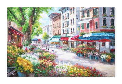 Tablou GIGANT pictat manual, Paris piata de flori, 150x100cm ulei pe panza in relief efect 3D foto