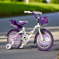 Bicicleta pentru copii, 16 inch, roti ajutatoare, scaun papusi, cos frontal, manere cauciucate, mov BLACKBERRY