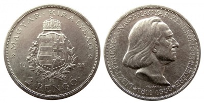 UNGARIA 2 PENGO FRANZ LISZT 1936 ARGINT EF foto