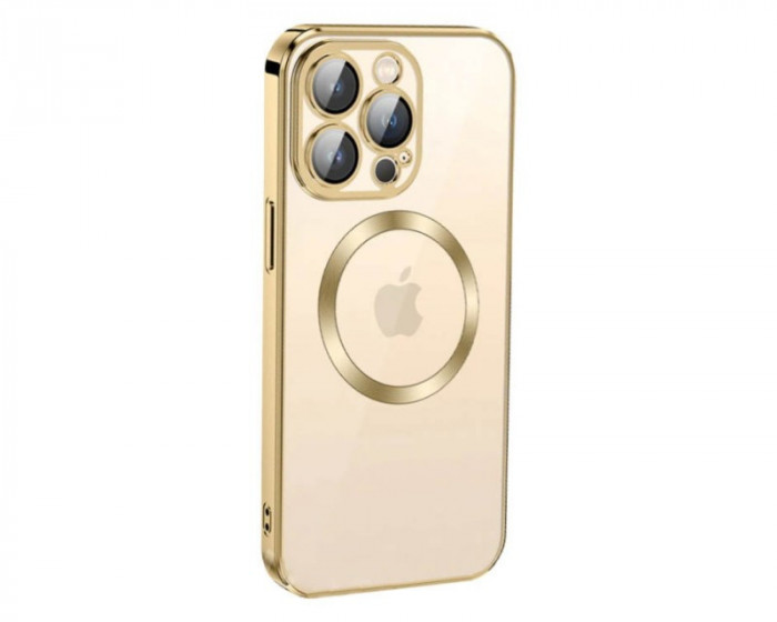 Husa Luxury MagSafe compatibila cu iPhone 15 Plus, Full protection, Margini colorate, Auriu