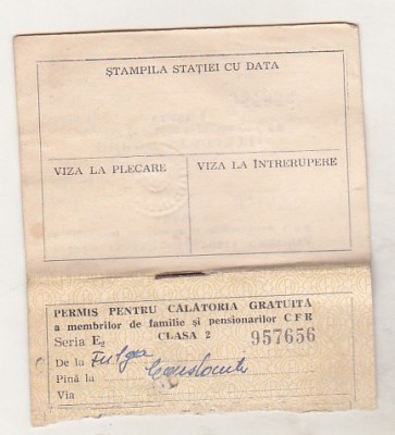 bnk div CFR - Permis pentru calatorie gratuita CFR - 1972 foto