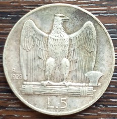 (A5) MONEDA DIN ARGINT ITALIA - 5 LIRE 1928, VITTORIO EMANUELE III, 1 ROSETA foto