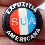 I.562 INSIGNA ROMANIA EXPOZITIA AMERICANA SUA USA h19mm, Romania de la 1950