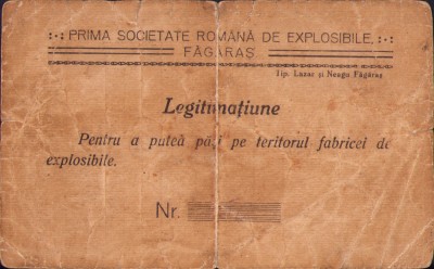 A2618N Legitimație Prima Societate Rom&amp;acirc;nă de Explosibile Făgăraș, 1924 foto