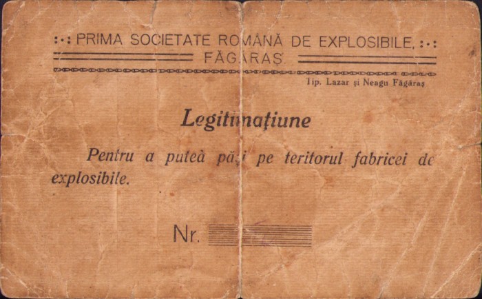 A2618N Legitimație Prima Societate Rom&acirc;nă de Explosibile Făgăraș, 1924
