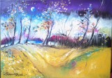 Pictură originală ulei pe p&acirc;nză &bdquo;Copaci &icirc;n lumina lunii peste c&acirc;mpul galben&rdquo; 60x42 cm. Certificat cu semnătura și ștampila artistului