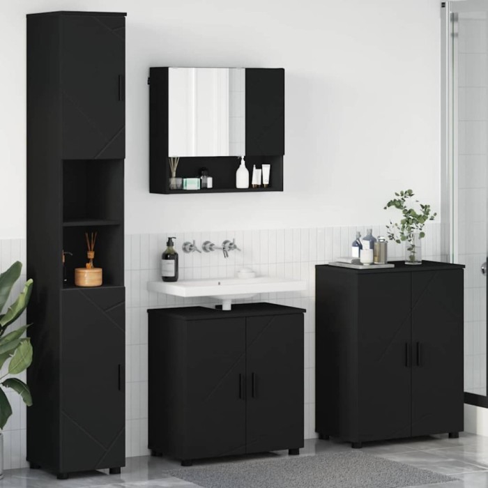 vidaXL Set de mobilier pentru baie cu ușă 4 pcs Negru 61 x 35 x 64 cm 3393004