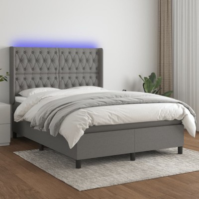 vidaXL Pat cu arcuri, saltea și LED, gri &amp;icirc;nchis, 140x190 cm, textil 3138550 foto