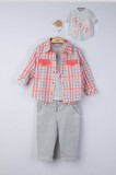 Cumpara ieftin Set 3 piese: blugi, tricou si camasa in carouri pentru bebelusi, Tongs baby (Culoare: Gri, Marime: 9-12 luni)