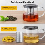 Ceainic sticlă cu infuzor inox Koken, 1500 ml, rezistent la temperaturi, pentru plită și cuptor microunde, compatibil mașina de spălat vase, transpare