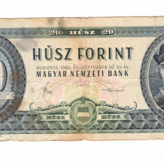 Bancnota 20 forinti 30 septembrie 1980, circulata, stare buna