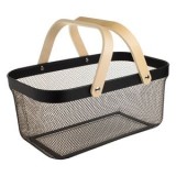 Coș metalic perforat cu m&acirc;nere din lemn, 39,5x24x18,5 cm, Negru, CMCLASS