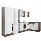 Mobilier de bucătărie de colț Yorki 370, cu corp din stejar Yorki, fațadă albă cu finisaj satinat, cu element inferior pentru cuptor, dulap cu rafturi