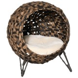 PawHut Pat pentru Pisici din Ratan de 52 cm, Căsuță Ridicată Rotundă cu Pernă, Maro | Aosom Romania