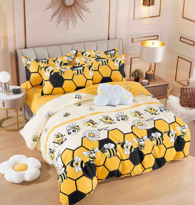 Lenjerie pat dublu,bumbac finet,6 piese,cearceaf cu elastic,alba galbena cu albinute-A900