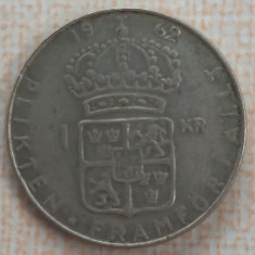 (A513) MONEDA DIN ARGINT SUEDIA - 1 KRONA 1962, LIT. U, REGELE GUSTAF VI ADOLF