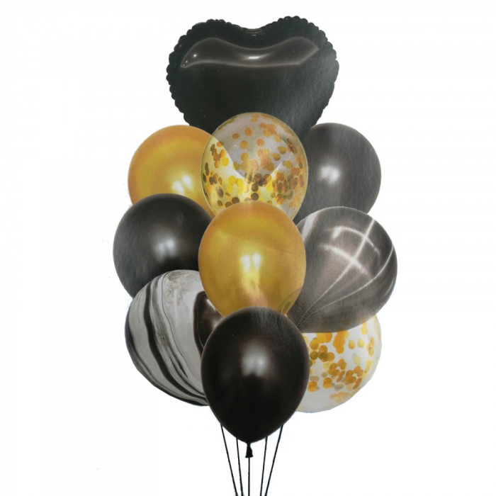 Buchet 10 baloane din latex cu confetti Black Heart