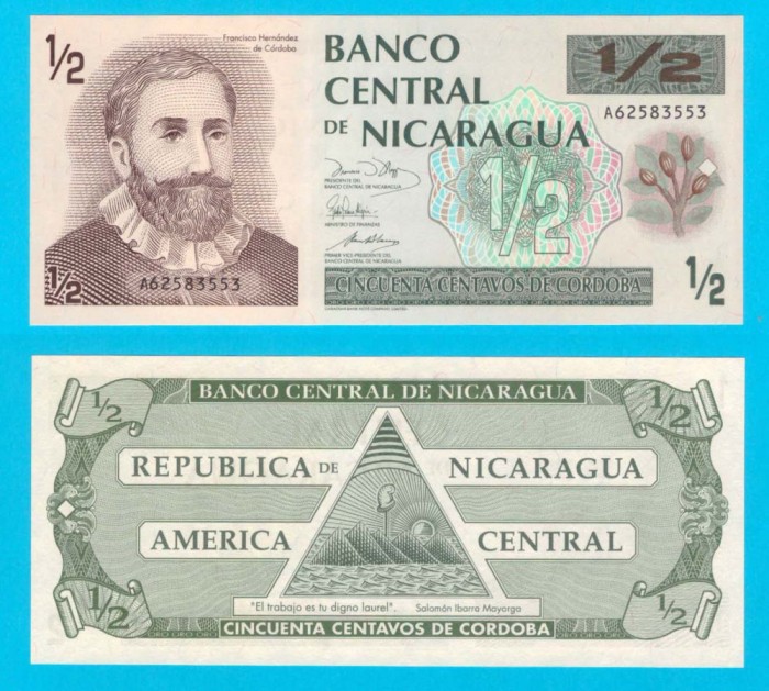 Nicaragua (p#171) 1/2 Cordobas 1991 UNC &#039;Cordoba Oro&#039; serie: A62583553