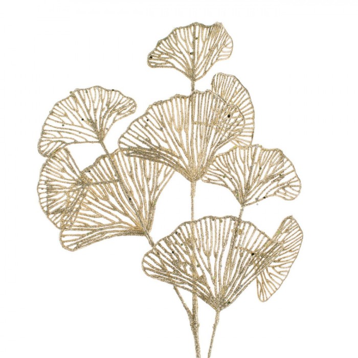 Creangă Decorativă Crăciun, 66cm, Lungă, Frunze Perforate Bej șampanie cu Glitter, Plastic