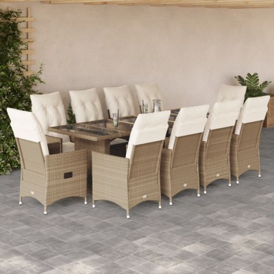 vidaXL Set bistro de grădină, 11 piese, cu perne, bej, poliratan 3277247 foto