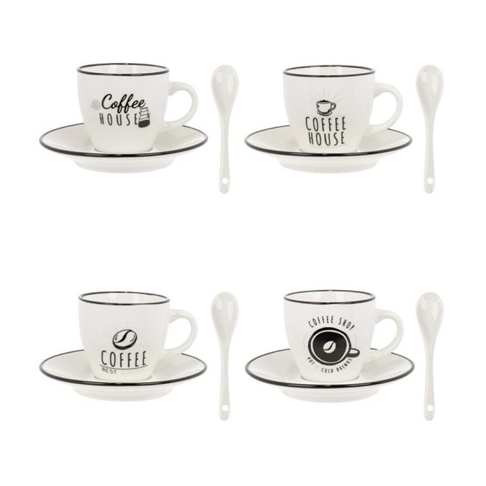 Set 4 cesti cu farfurii si linguri, 90 ml, Portelan, ATU-086324