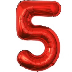 Balon din folie metalizata flippy, figurina cifra, tema aniversare 80 cm, ambalaj individual, pai inclus, umflare cu aer sau heliu, rosu, cifra 5