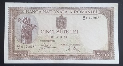 Rom&amp;acirc;nia, 500 Lei 1941, Filigran Vertical. foto