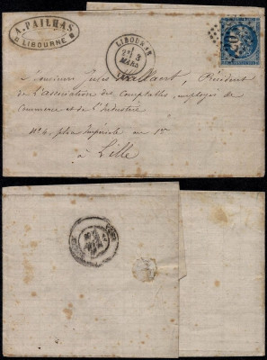 France 1874 Postal History Rare Cover Libourne to Lille D.791 foto