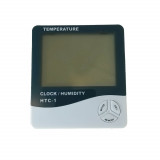 Ceas cu alarma, termometru si higrometru, de camera HTC-1 cu suport, ecran LCD, 1 x baterie AAA, alb cu negru
