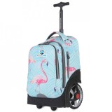 Troler scolar copii KidsCare Flamingo, maner telescopic, roti mari, turcoaz roz, 49cm, clasele 0-VIII