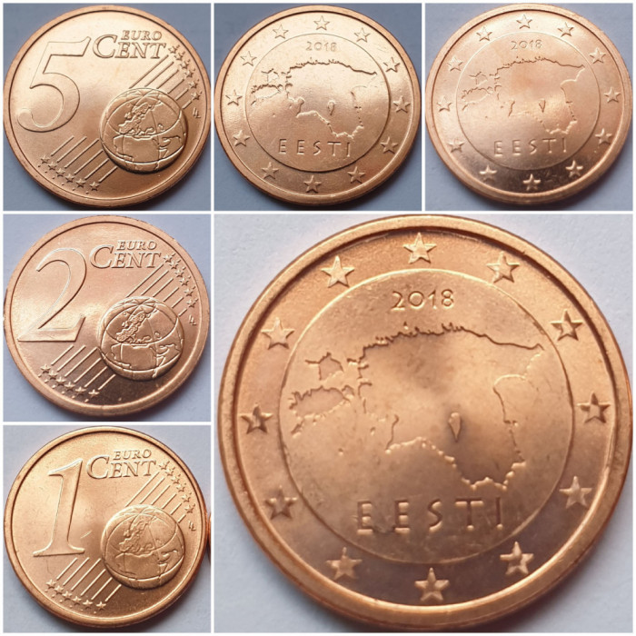 Set 3 monede 1, 2, 5 cents 2018 Estonia, unc, km#61-63