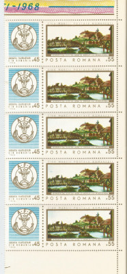Romania, LP 685/1968, Ziua marcii postale romanesti, straif de 5 timbre, MNH foto