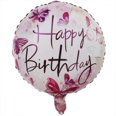 Balon din folie metalizata, flippy, mini figurina rotunda, model happy birthday fluturasi, tema aniversare, 45 cm, ambalaj individual, pai inclus, umf