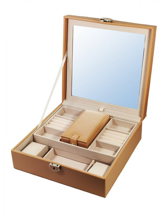 Caseta de bijuterii piele ecologica Crem / Albastra / Roz cu oglinda WZ4783