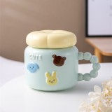 Cana pentru Copii, Cyrax, din Portelan, print Figurine Animalute, Model CUTE, Cana cu Capac, Ceasca pentru Cafea, Ceai, 400ml Albastru deschis